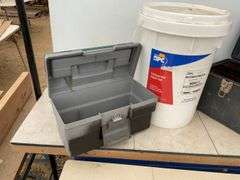 Universal spill kit, ultra pro plastic toolbox, missing top handle, small Rubbermaid toolbox, LED K