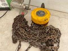 2 ton chain hoist, 6 amp battery charger - owner says works, and a #8 food grinder