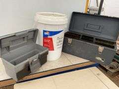Universal spill kit, ultra pro plastic toolbox, missing top handle, small Rubbermaid toolbox, LED K