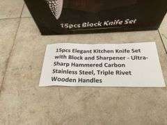 15pc kitchen knife set c/w block and sharpener