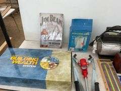 Vacuum pump runs but condition unknown, 12V auto coffee maker,  metal rifle target, Russ Whitney bui