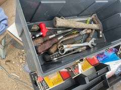 Plastic toolbox 9"Wx7"Hx20"L, comes with miscellaneous tools, 3/8" drive SAE and metric socket set, 7 1/2 L gas jug