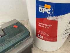 Universal spill kit, ultra pro plastic toolbox, missing top handle, small Rubbermaid toolbox, LED K