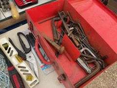 Plastic toolbox comes with the quantity of miscellaneous tools, including crescent  wrenches, screwd
