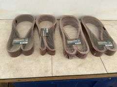 Quantity of 42  72" sanding belts, 10 of 80 grit, 10 of 120 grit, 10 of 240 grit, 10 of 400 grit