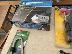 Universal spill kit, ultra pro plastic toolbox, missing top handle, small Rubbermaid toolbox, LED K