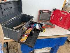 Plastic toolbox 9"Wx7"Hx20"L, comes with miscellaneous tools, 3/8" drive SAE and metric socket set, 7 1/2 L gas jug
