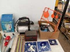 Vacuum pump runs but condition unknown, 12V auto coffee maker,  metal rifle target, Russ Whitney bui