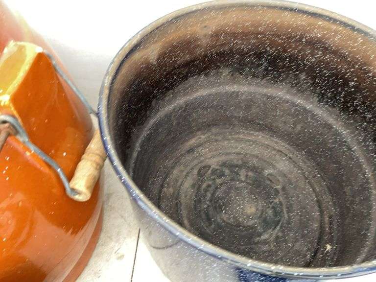 2 canners, 1 gal. Medalta crock, 5 gal. ice water crock etc