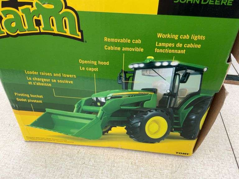 John Deere 6210R tractor with loader, loader raises and lowers, hood opens, removable cab, working l