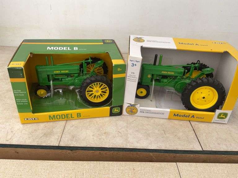 John Deere Model A Styled and a John Deere Model B Styled- 1/16 scale - in original box