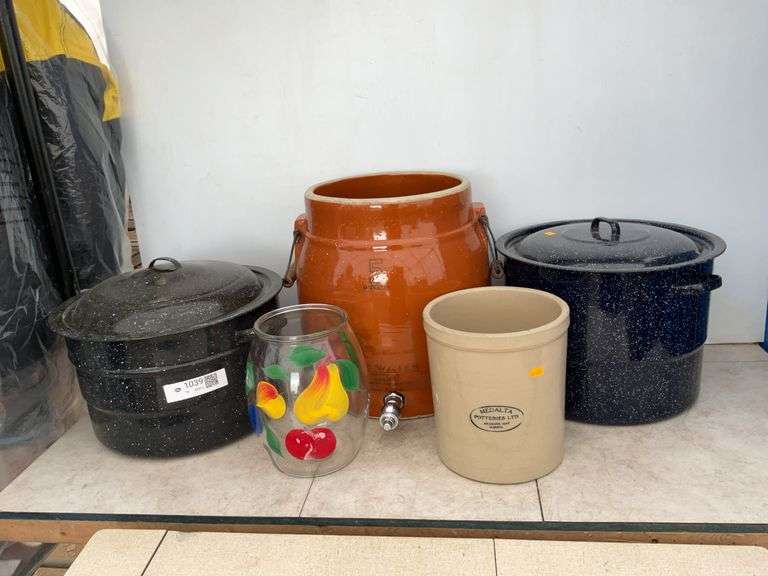 2 canners, 1 gal. Medalta crock, 5 gal. ice water crock etc