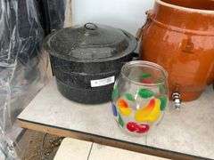 2 canners, 1 gal. Medalta crock, 5 gal. ice water crock etc