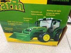 John Deere 6210R tractor with loader, loader raises and lowers, hood opens, removable cab, working l