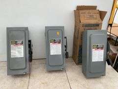 3 unused Square D general duty safety switch, 60 amp 240 V AC, measures 14 1/2" x 6 1/2"