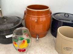 2 canners, 1 gal. Medalta crock, 5 gal. ice water crock etc