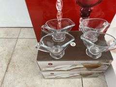 Pair of unused candle holders ,2 sets of 4 glass sauce boats