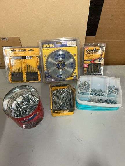 DeWalt steel bit set, saw blade, screw extractors, misc screws, etc