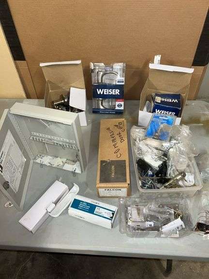 Qty of door handles & parts, key box, hinges, etc