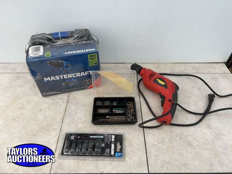 Mastercraft cordless drill, socket set, corded drill etc.