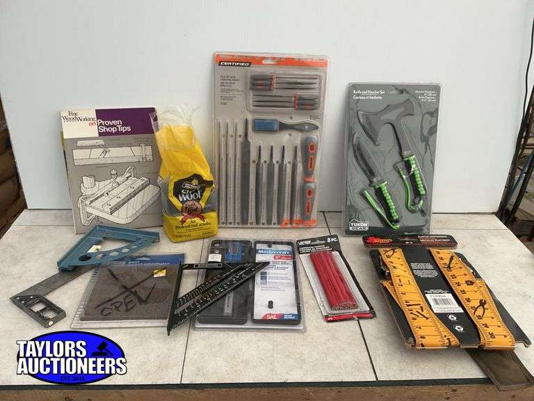 File set, knife & hatchet set, suspenders, carpenters pencils, squares, Mastercraft caliper, etc.