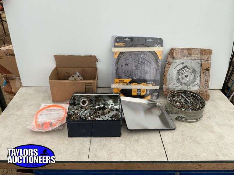 10 inch sawblades, miscellaneous screws, washers etc.