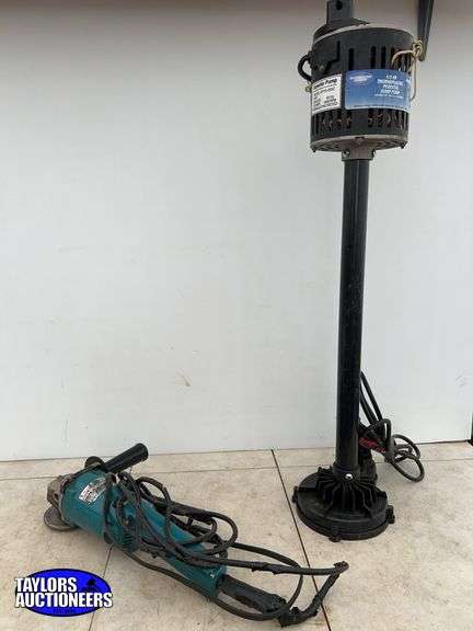 1/3 ho sump pump runs but needs new switch, and a Makita angle grinder -needs new cord but runs