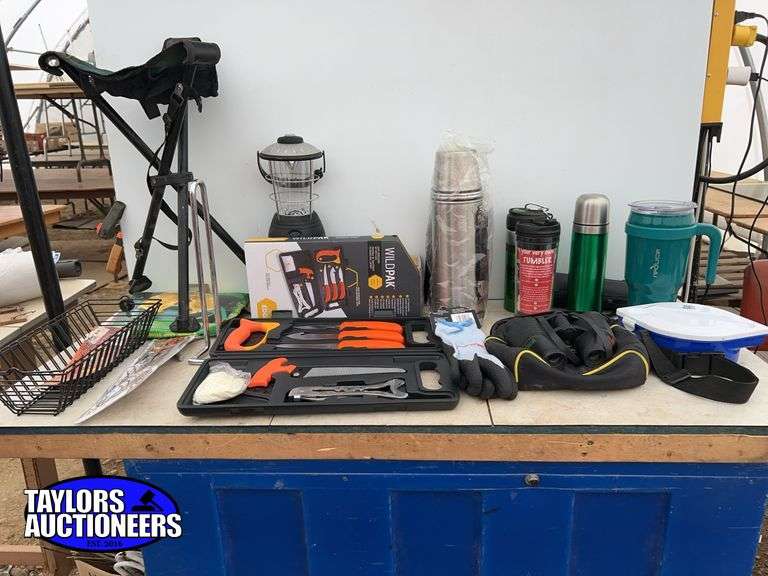 Set of skinning knives, pair of binoculars, camping supplies etc