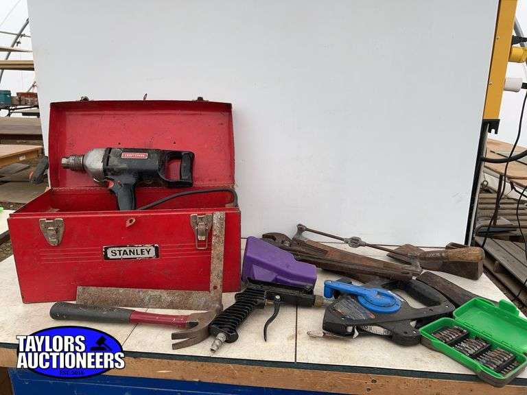 Tool box, Craftsman drill not working, axe heads etc