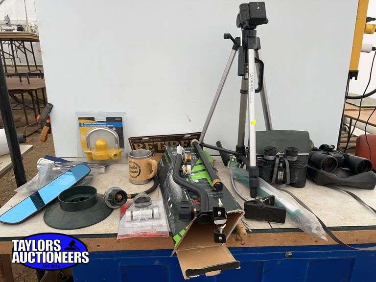 2 pair of binoculars, tripod, misc propane fittings, trailer coupler lock etc