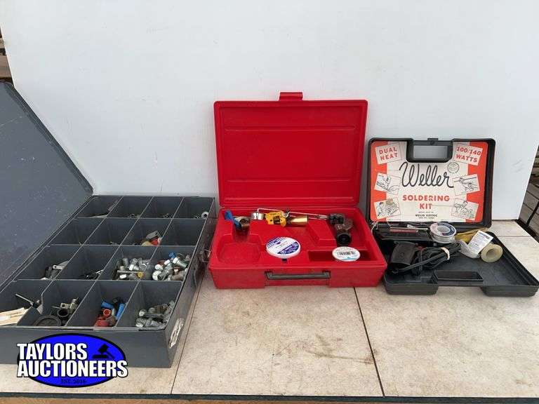 Bolt bin with misc contents soldering iron, solder, paste etc