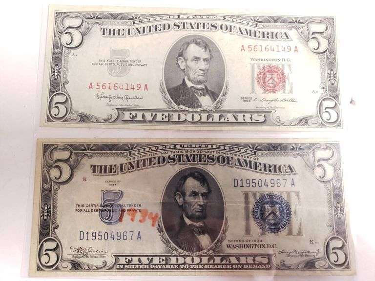 Two Vintage $5 US Notes - Red and Blue Seals - Trice Auctions