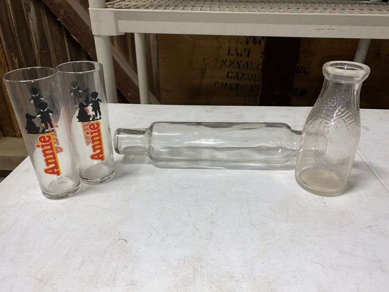 Vintage Walkers Hill Milk Bottle, Glass Rolling Pin, and 2 Annie In