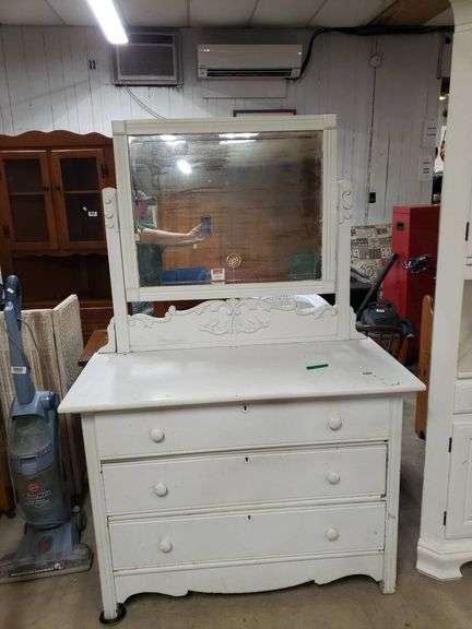 Vintage White Painted Dresser with Mirror - Trice Auctions