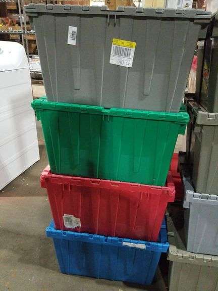 Stackable Plastic Storage Totes in Assorted Colors With Attached Lids ...