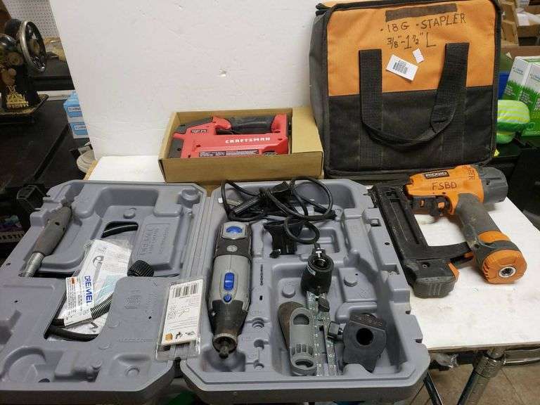 Power Tools Lot Including Dremel 4000, Craftsman Stapler, and Ridgid