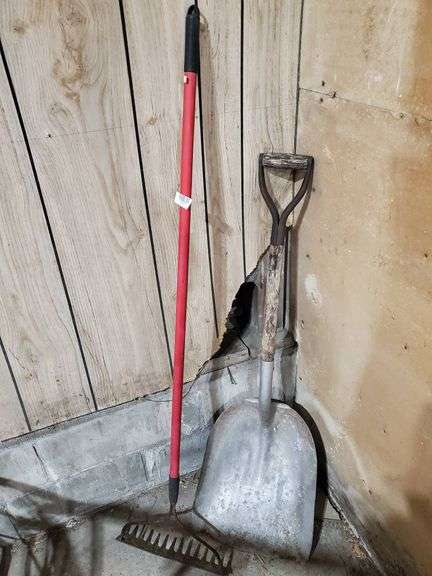 Metal Shovel with Wooden Handle and Red-Handled Rake Set - Trice Auctions
