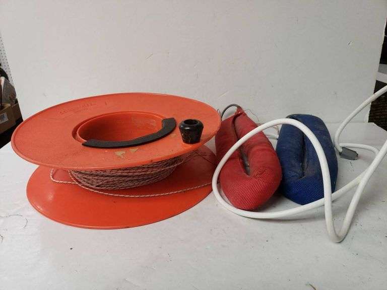 Orange Spool with Rope, Red and Blue Buoys, and White Cord - Trice Auctions