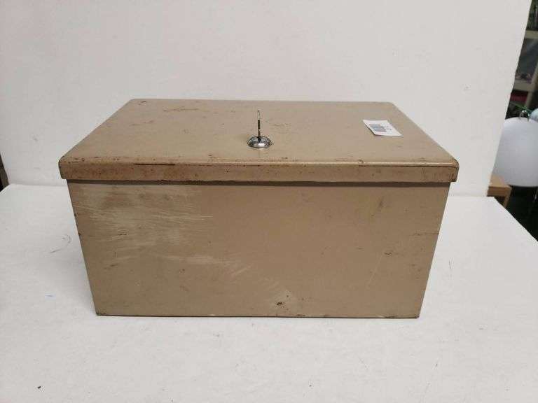 Tan Metal Storage Box With Handle and Locking Lid - Trice Auctions