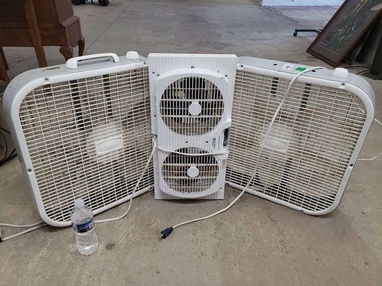 2 Lasko Box Fans and Holmes Dual Window Fan, White - Trice Auctions