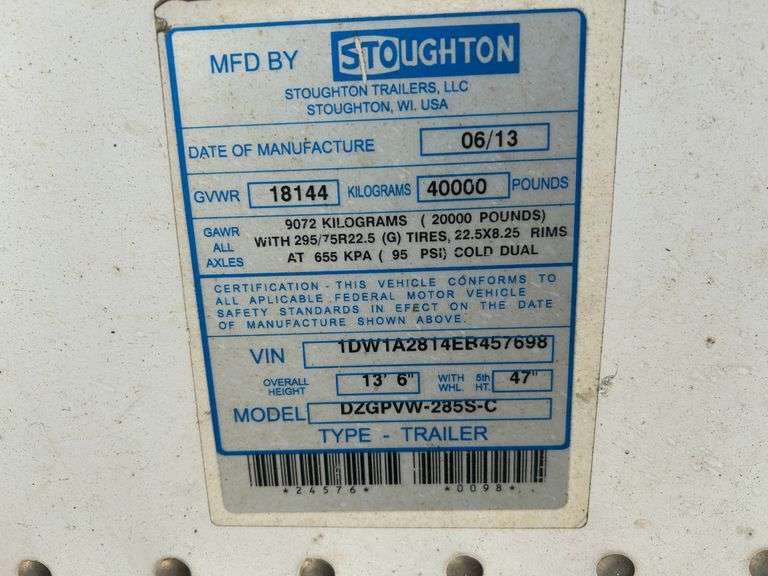 2014 Stoughton 28 Ft S/A Van Trailer