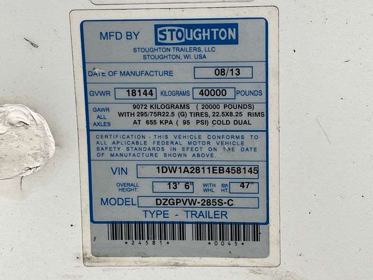 2014 Stoughton Dzgpvw-285S-C 28 Ft S/A Van Trailer