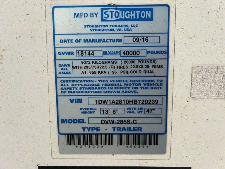 2017 Stoughton 28 Ft S/A Van Trailer