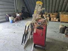 Lot of four folding chairs, step ladder and barrel fan