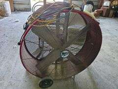 Lot of four folding chairs, step ladder and barrel fan