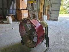 Lot of four folding chairs, step ladder and barrel fan