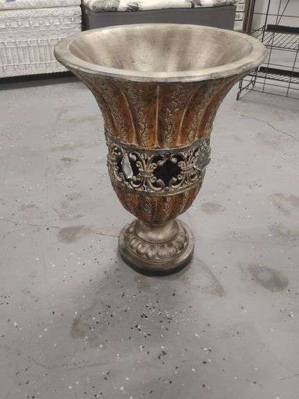 Tall decorative urn with filigree and teardrops. 22" tall.