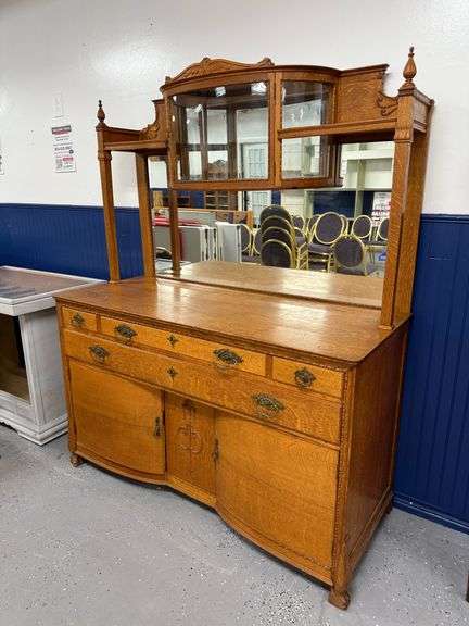 Early 20th century tiger wood buffet. Richly carved antique 2 pieces. Sideboard featuring intricate