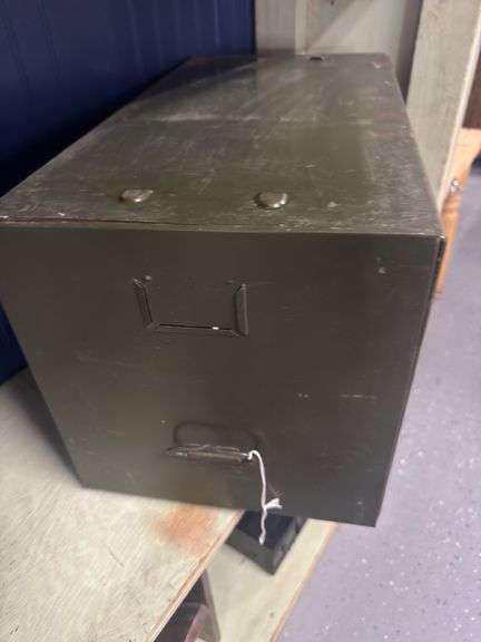 Military metal green vintage file cabinet.