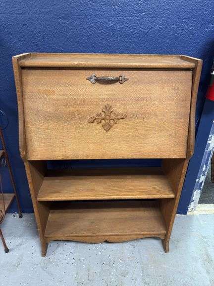 Early 1900s Carved Oak Secretary Desk With Shelving Bookcase